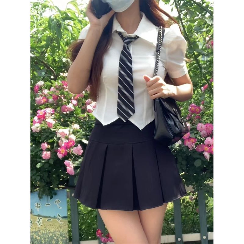 화이트 JK 셔츠 반팔 여성 일본 대학 스타일 JK 유니폼 넥타이 순수한 욕망 스타일 버블 소매 반바지 셔츠