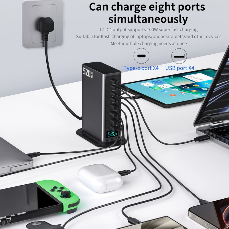 Private Model Hot Model丨High-End 520W Charger Power Bank Fast Charging Head 8-Port Desktop Charging Station Ai Digital Display