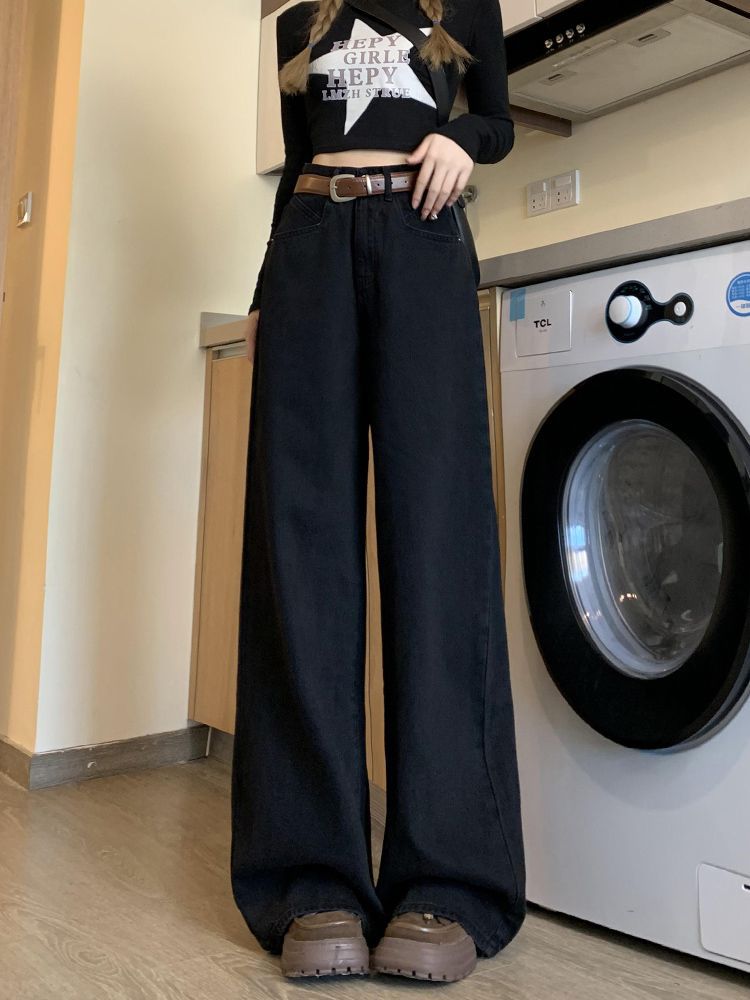 Women's High-Waisted Wide Leg Jeans Retro Black Slimming Straight Leg Trousers Loose Fit Floor-Length Spring Style_ecoleips.com