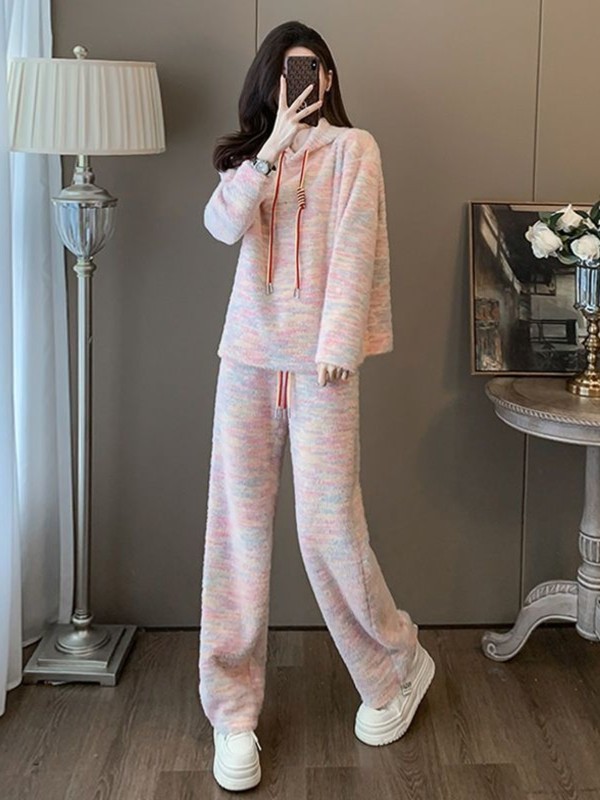 跨境慵懒风休闲运动套装女秋季时尚宽松连帽卫衣高腰阔腿裤两件套|undefined