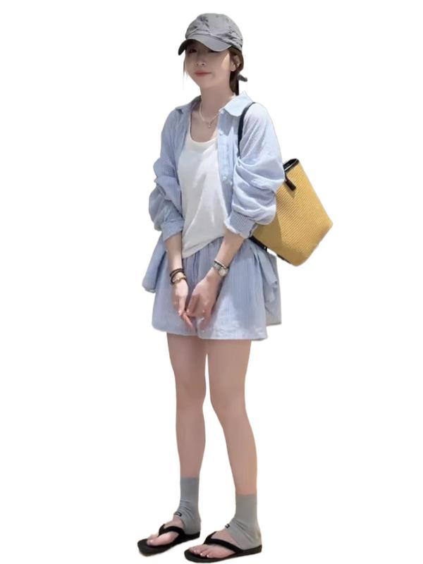 大方得体穿搭一整套夏季韩系慵懒休闲防晒长袖衬衫背心短裤三件套|undefined