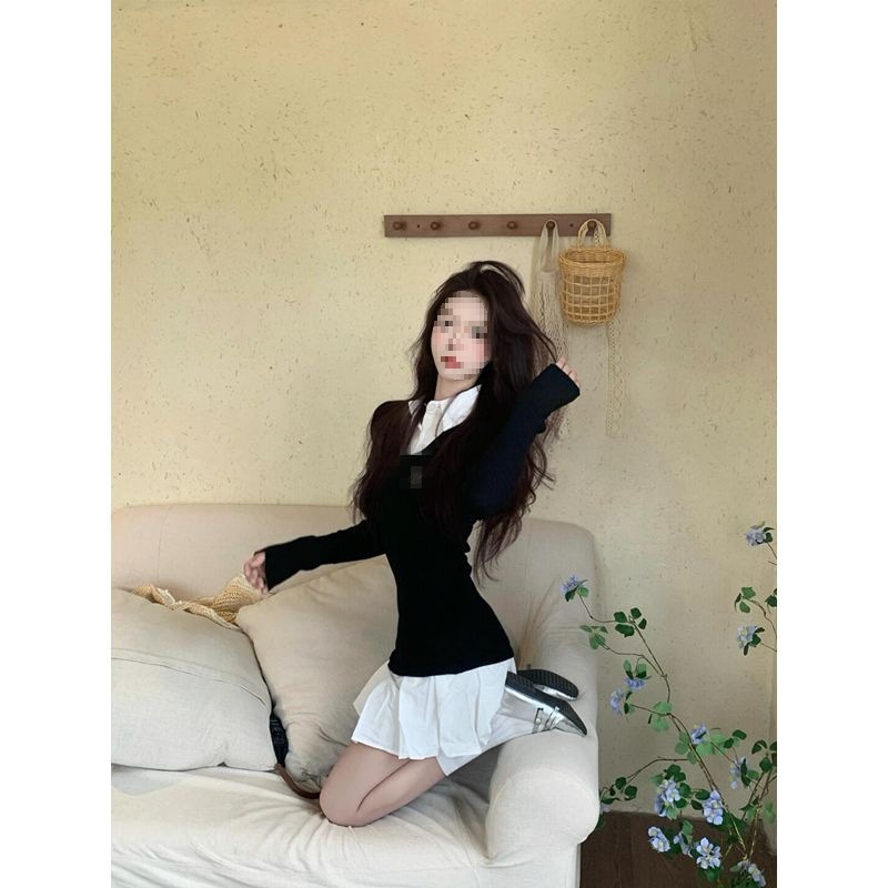 辣妹拼接针织百褶连衣裙女秋学院风polo领长袖修身收腰显瘦裙子