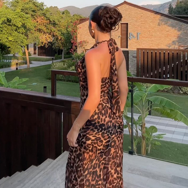 Spring Women Clothes Leopard Print Sleeveless Halter Strap Dress Sexy Backless Dress