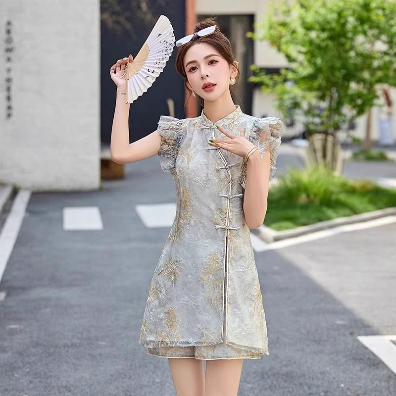 夏にぴったりのプラスサイズの太ったmmの新しい中国風改良チャイナドレストップとショーツのセット、女性用の高級スーツ|undefined
