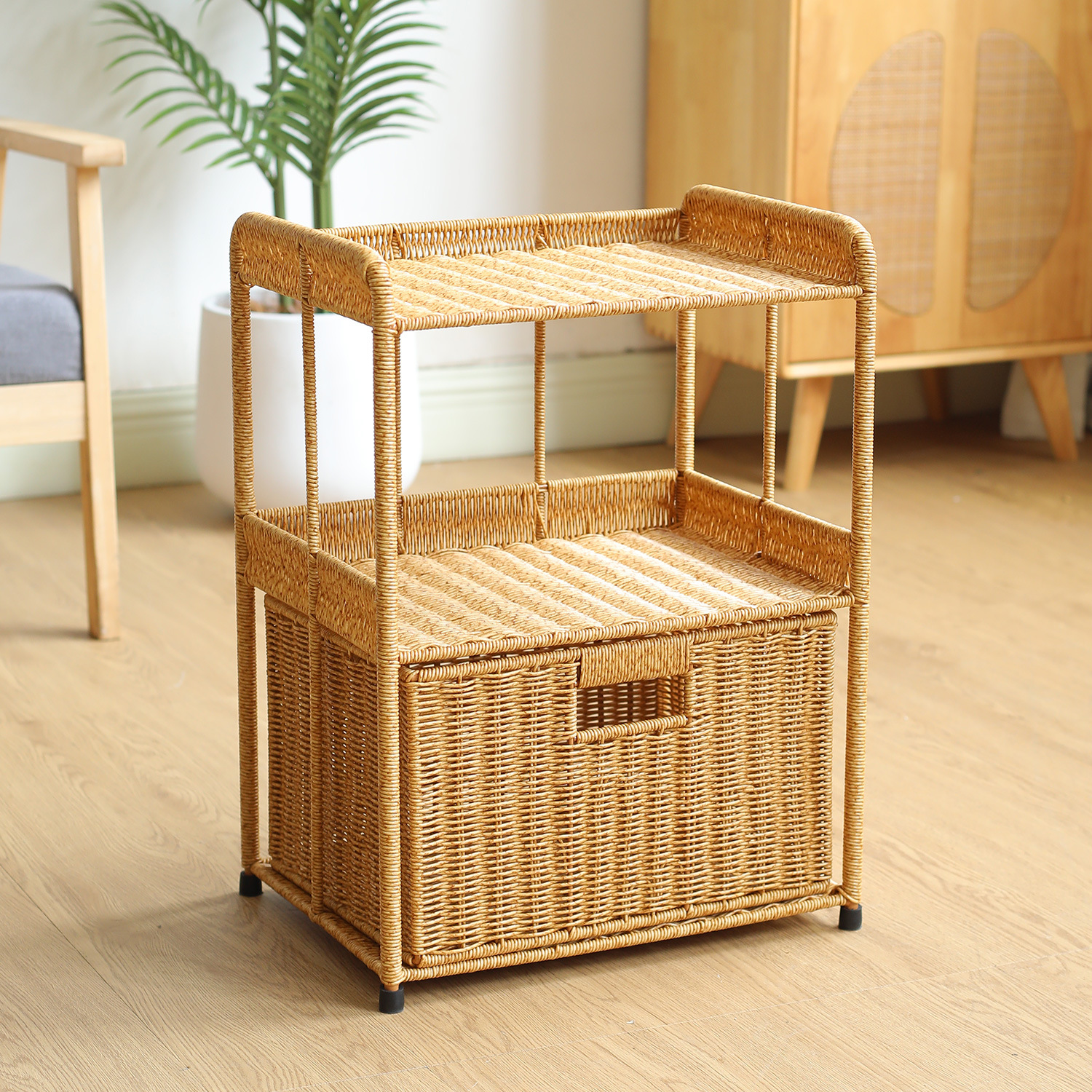 Gabinete de cabecera multicapa doméstico de imitación dormitorio gabinete de lado de la cama sala de estar almacenamiento de almacenamiento de almacenamiento de acabado de estante de almacenamiento