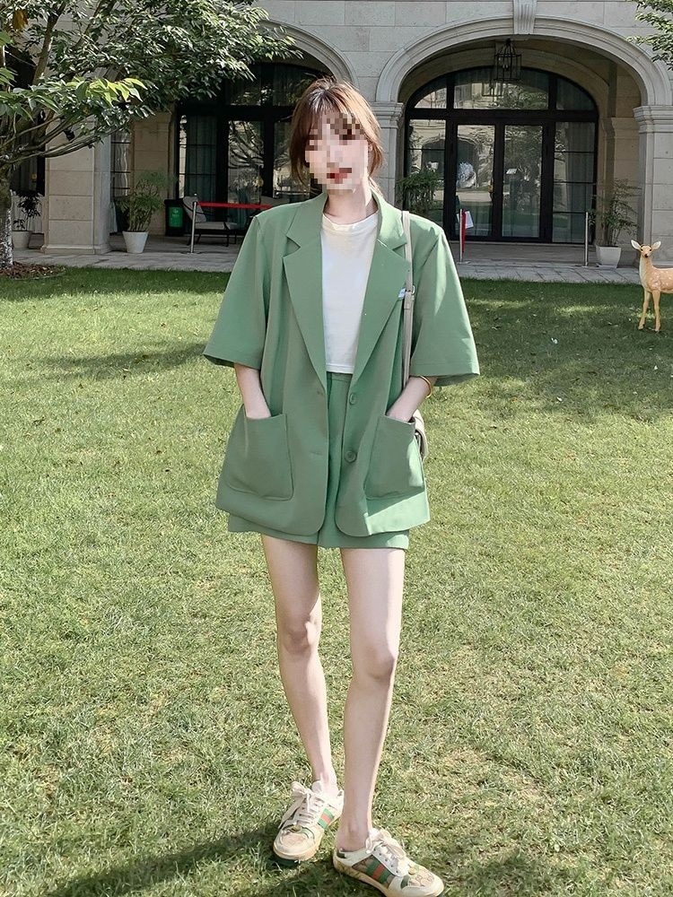 Bộ blazer nữ tay ngắn kèm quần short Hàn Quốc mỏng nhẹ mùa hè — Màu đen [Vải], Cỏ xanh [Vải], Gạo trắng [Vải], Màu hồng [Vải] chi tiết 18