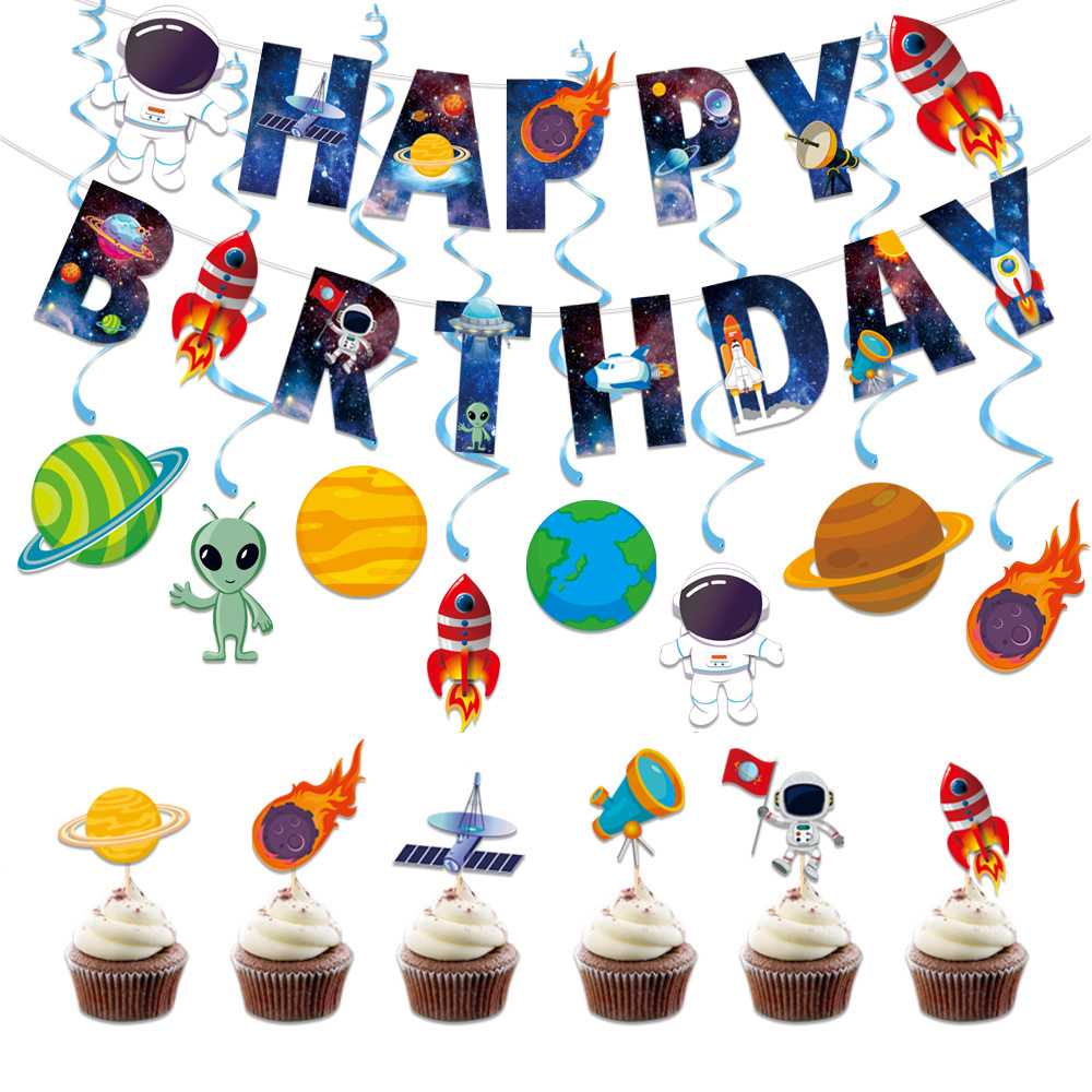 Nuevo espacio planeta tema niños cumpleaños fiesta decoración suministros astronauta universo cumpleaños tire bandera espiral