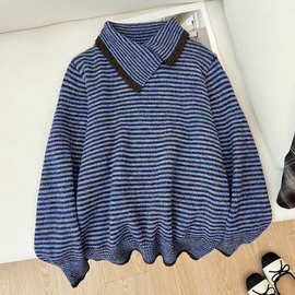 新款时尚条纹百搭简约立领2025秋冬条纹高领套头毛衣女针织衫上衣