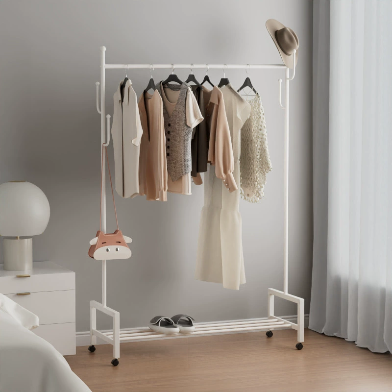 Съемная вешалка на колесиках в кремовом стиле Простая металлическая полка для хранения одежды для гостиной Бытовая напольная вешалка
