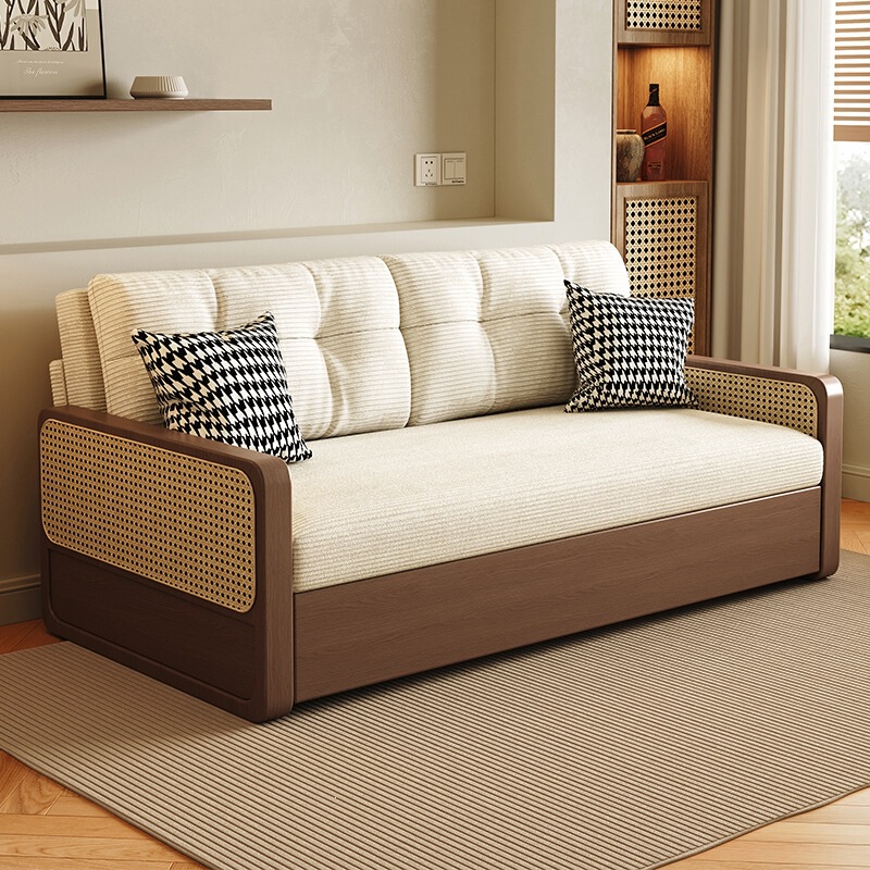 Natural Wood Style Folding Sofa Bed, Solid Wood, Dual-Purpose for Small Apartments, Living Room and Study, Double Multifunctional Extendable Sofa That Converts to a Bed Natural Wood Style Folding Sofa Bed, Solid Wood, Dual-Purpose for Small Apartments, Living Room and Study, Double Multifunctional Extendable Sofa That Converts to a Bed