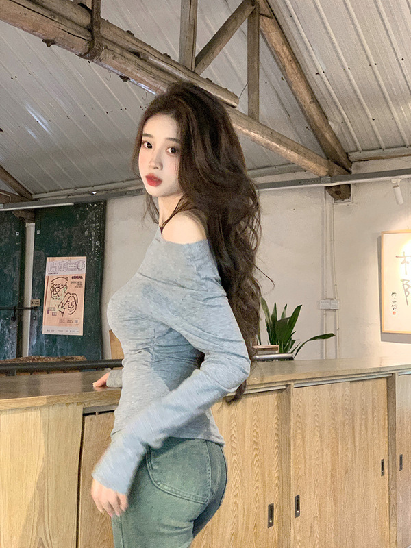 实拍260G人棉磨毛长袖t恤女2025初秋新款纯色修身打底衫斜领上衣|undefined