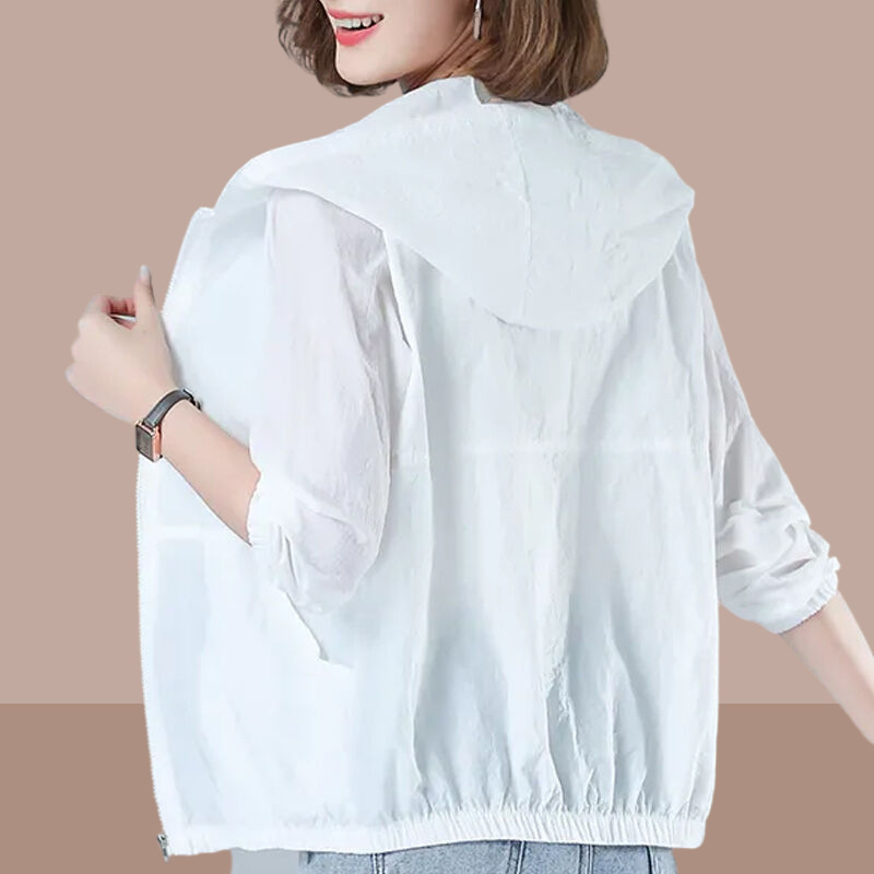 大きいサイズの日焼け止めの服の女性の夏の2025新型の屋外の通気性の薄いタイプの帽子の組み合わせの日焼け止めの服のカーディガンのショートコート|undefined