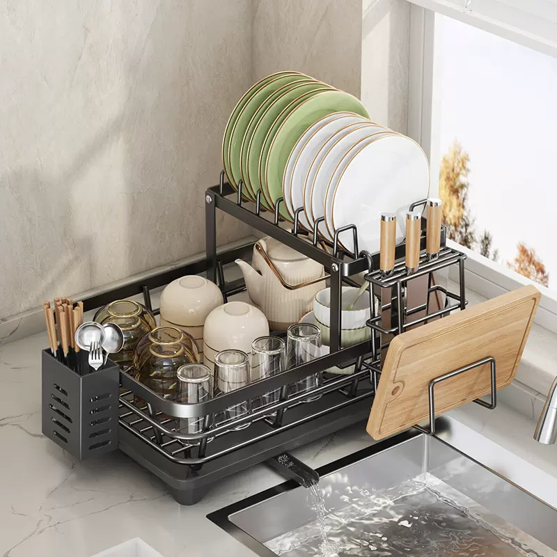 跨境厨房置物架沥水碗架家用台面双层多功能碗盘砧板架收纳架碗柜