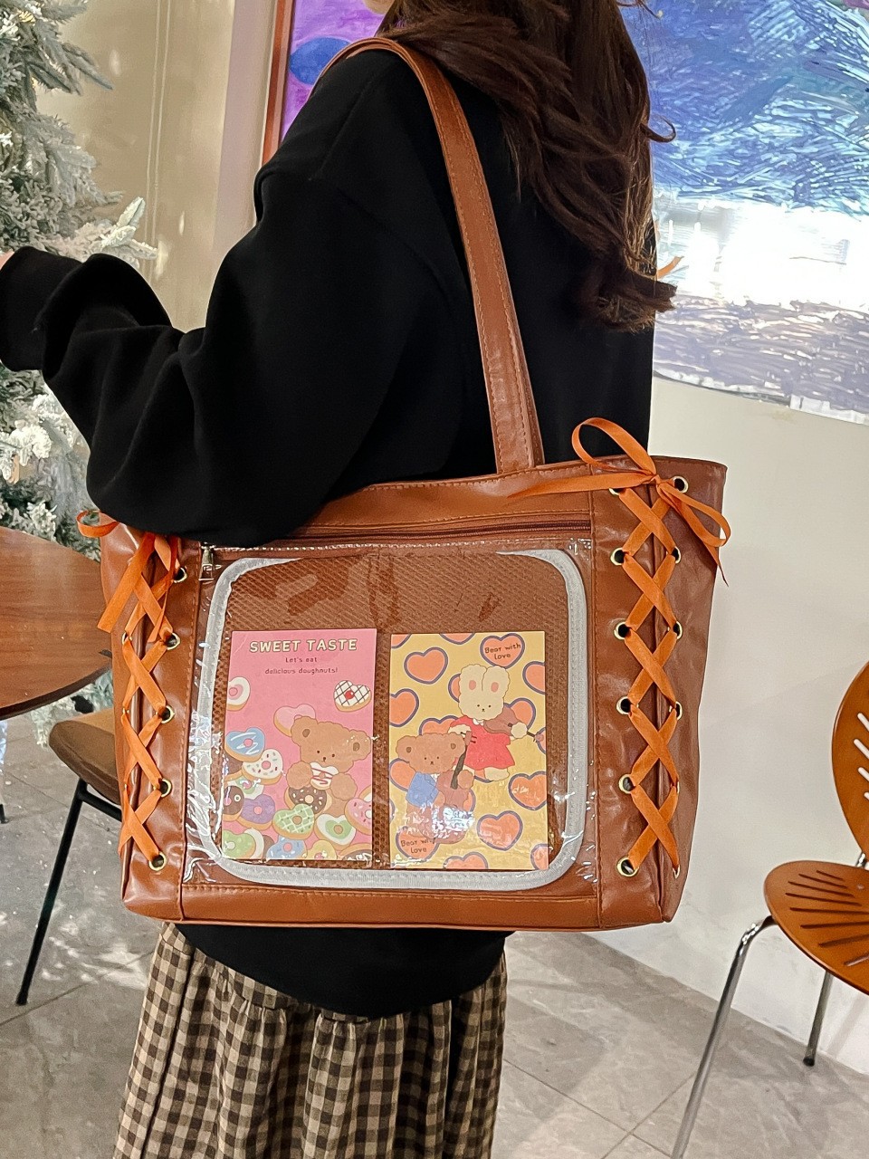 Japanese-Style Transparent Ita Bag Large Capacity Shoulder Tote Bag Girly Ribbon Tote Bag Commuter Anime Bag for Women