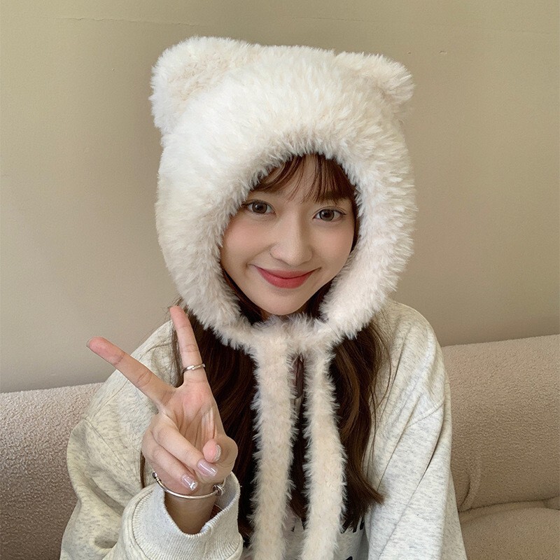 新款秋冬可爱小熊保暖帽女孩显脸小护耳毛线帽日韩系带百搭针织帽|undefined
