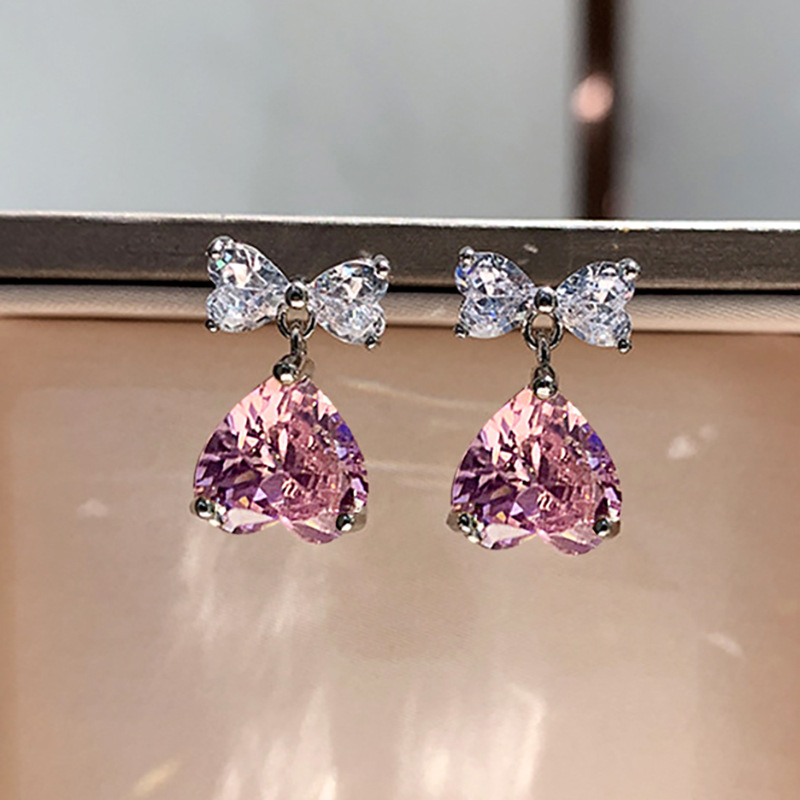 1 Pair Sweet Shiny Heart Shape Bow Knot Inlay Copper Zircon Drop Earrings display picture 5