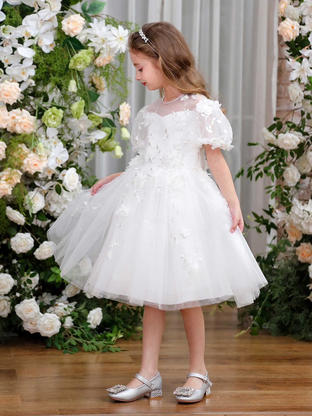 Nuevos productos vestidos de niños falda de niña niña niña flor de color sólido bambú pompa de manga corta vestido de princesa fábrica en stock