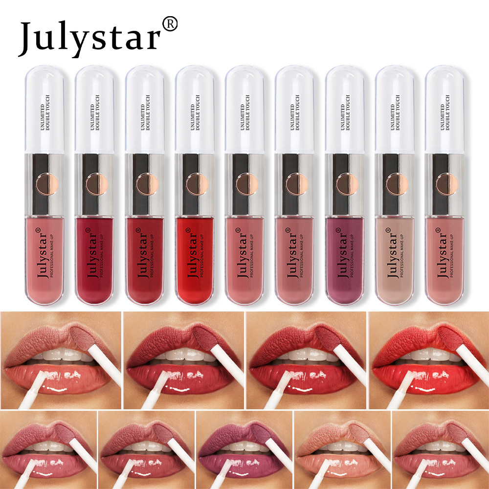 Julystar Beauty's double-head mirror lip gloss is easy to apply and does not fade or stick to a cup of water undefined