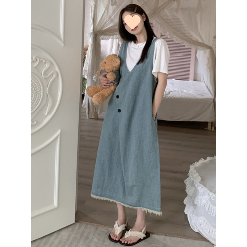 New Summer Maternity Outfit, Korean-Style Fresh Blue Denim Overalls, Hepburn Style, Slimming and Age-Reducing Maternity Set