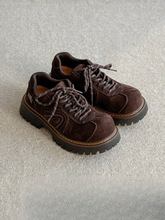 棕色大头德比鞋女款反绒秋冬厚底增高小个子复古皮鞋