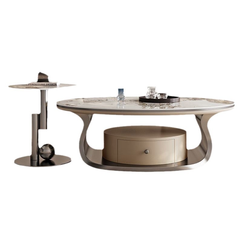 sala de estar hogar con tabla de té de fumar, tabla de té de tabla de roca ovalada de lujo ligera, combinación de gabinete de televisión, combinación de sala de estar de alta calidad