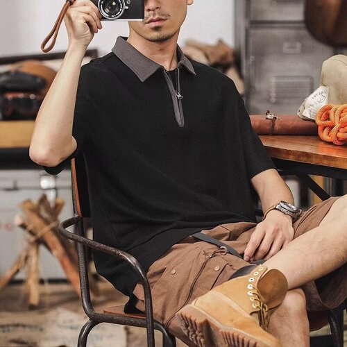 Summer Heavyweight Loose Zipper Collar Sports Men's Trend Brand Half Sleeve T-Shirt American Retro Polo Shirt Men's Short Sleeve