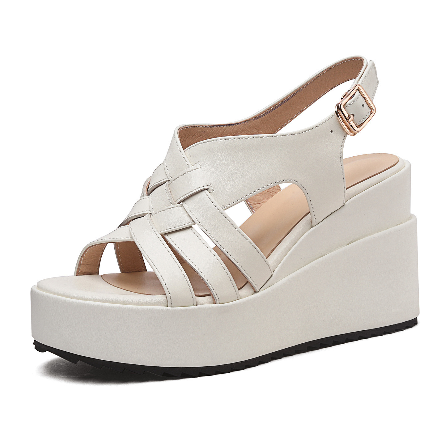 Sandal cao gót nữ hở mũi quai khóa, đế xuồng dệt da bò, gót 10 cm — Da bò trắng gạo