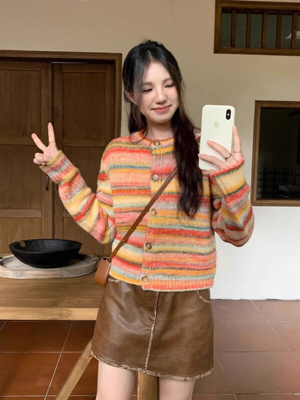 彩色条纹针织开衫女秋冬法式复古多巴胺慵懒风小个子撞色毛衣外套|undefined