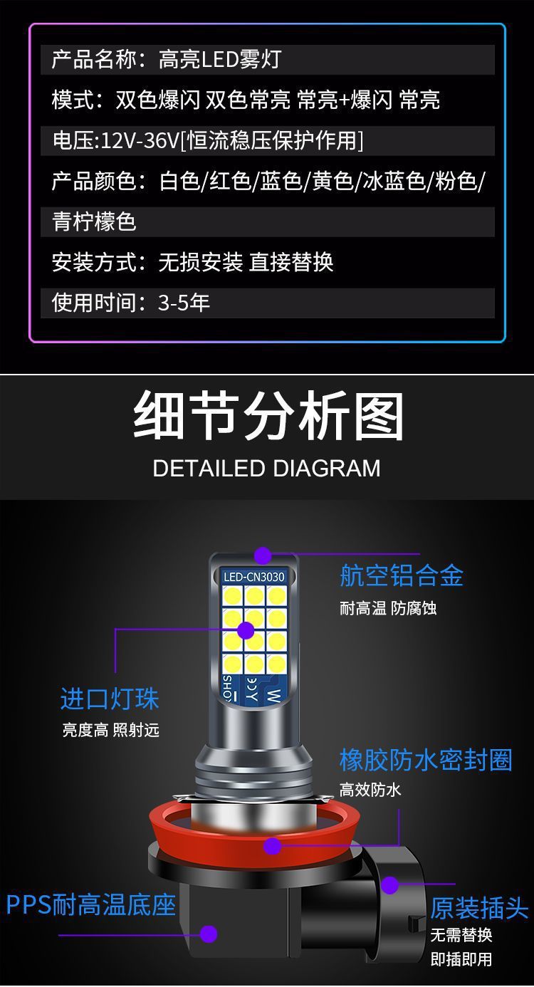 Car Led Front Fog Light Bulb Super Bright Golden Eye H11 9006 881 H3H8 Modified Two-Color Flash Fog Light Bulb