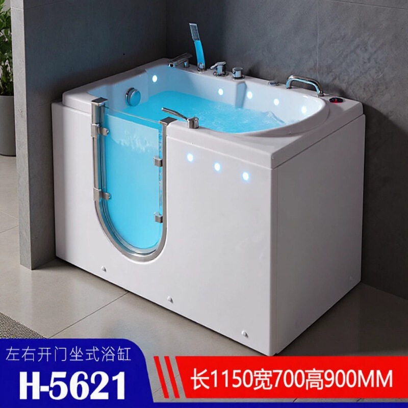 Walk-in acrylic bathtub for the elderly, square sit-down bathtub with side door and bubble massage