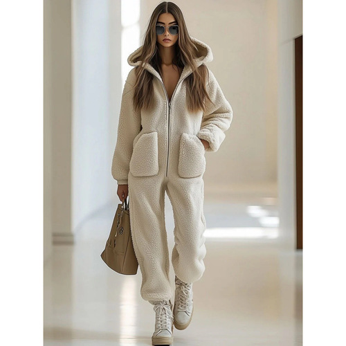 European and American autumn and winter new women's clothing hooded pockets decorative loose straight plush jumpsuit pants