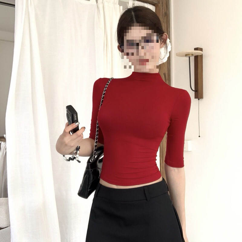 Body-Shaping Half-High Collar Mid-Sleeve Bottoming Top Summer New Style Versatile Tight-Fitting Elastic Niche Thin Shirt
