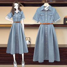 薄款复古牛仔连衣裙女2025夏季显瘦宽松收腰大码中长款短袖衬衫裙