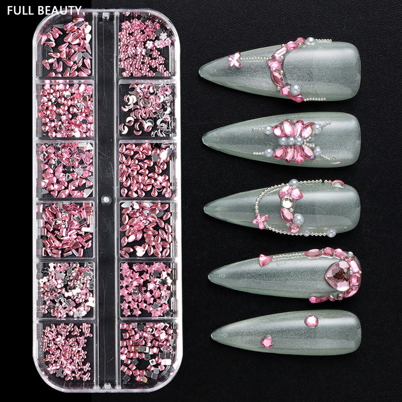 FULL BEAUTY クロスボーダー新ネイルアートアクセサリー 12 グリッド箱入り特殊形状平底樹脂ダイヤモンド混合装飾品|undefined
