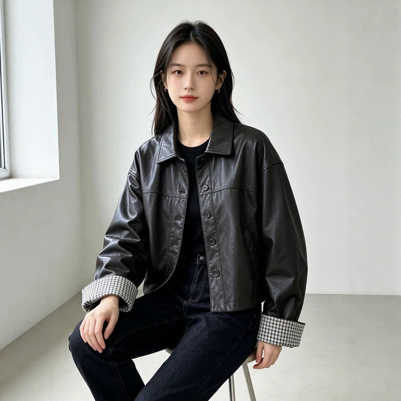 Áo khoác da PU nữ dáng ngắn cổ bẻ, phong cách Hàn Quốc, thời trang casual, dáng rộng, dễ phối đồ, retro, mùa thu — Màu nâu cà phê, màu đen