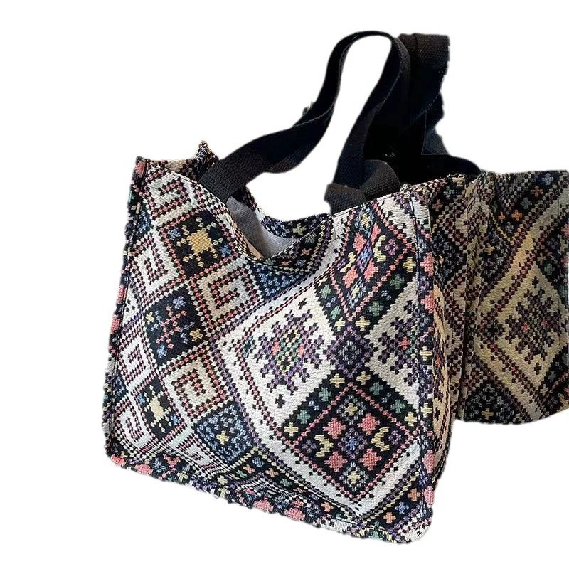 Capacious ethnic one-shoulder bag for students - woven geometric pattern, adjustable strap, blue