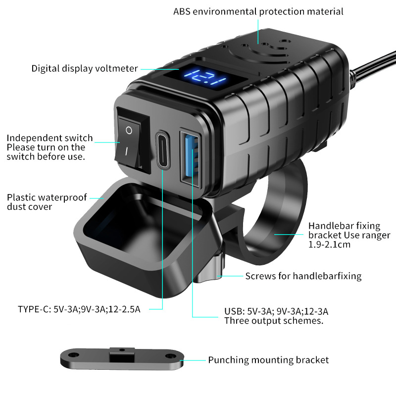 新型改造車載オートバイの携帯電話充電と防水QC PD電圧デジタル表示スイッチ付き車充電が速い|undefined