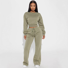 跨境欧美亚马逊秋冬新款纯色套头长袖上衣卫衣休闲抽绳裤套装女装