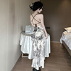 Retro ink painting tie dye backless tie up dress