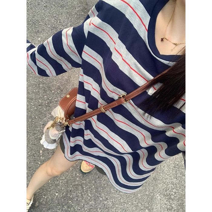 【工厂现货】条纹防晒罩衫长袖T恤女秋季宽松薄款圆领休闲上衣|undefined