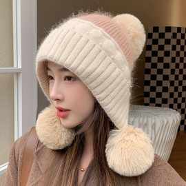 冬季女毛线帽针织帽洋气百搭护耳耳朵可爱三球珠子保暖韩版帽