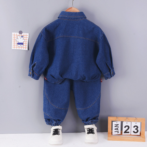 Boys 1-5 years old spring denim suit children's clothing handsome children solid color lapel denim jacket two-piece set