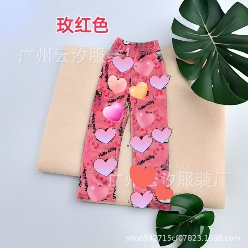 Comercio exterior Año Nuevo Navidad dibujos animados KT gato pijama pantalones gruesos de las mujeres Otoño e Invierno Polar forrado cálido casual casa pantalones de franela