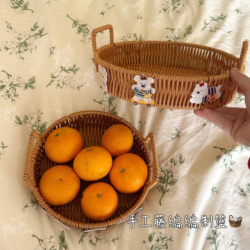 元槻竹木-模造藤編収納かご手提げパン菓子皿果物かご間食キャンディーかご収納トレイ|undefined