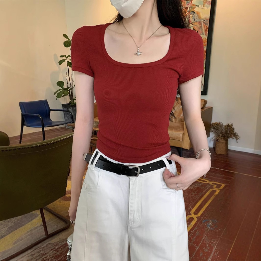 New Short-sleeve Sweet And Spicy T-shirt U-neck Solid Color Slim Fit...
