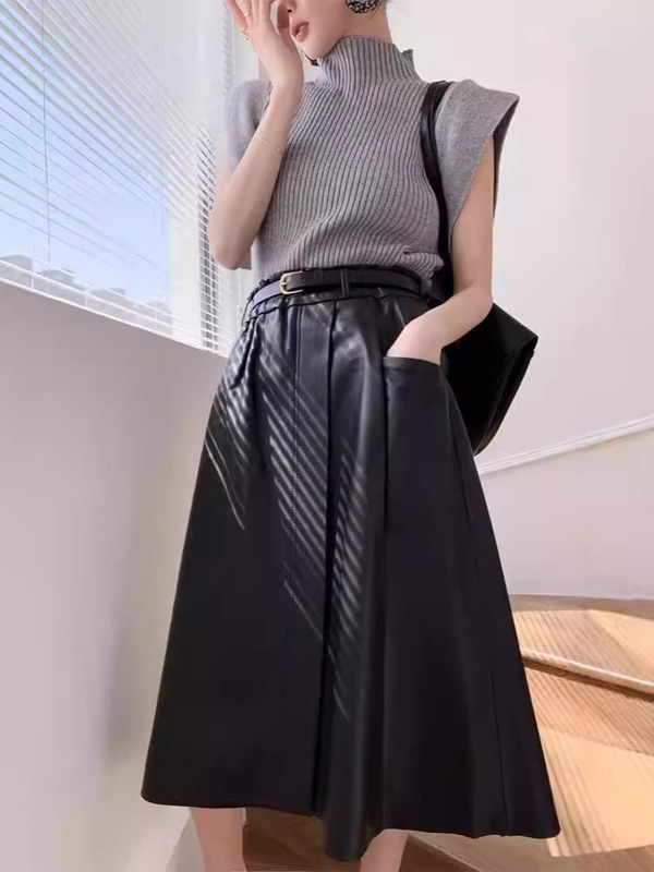 真皮半身裙女2025秋冬新款松紧腰皮裙大摆裙绵羊皮百搭过膝中长裙|undefined
