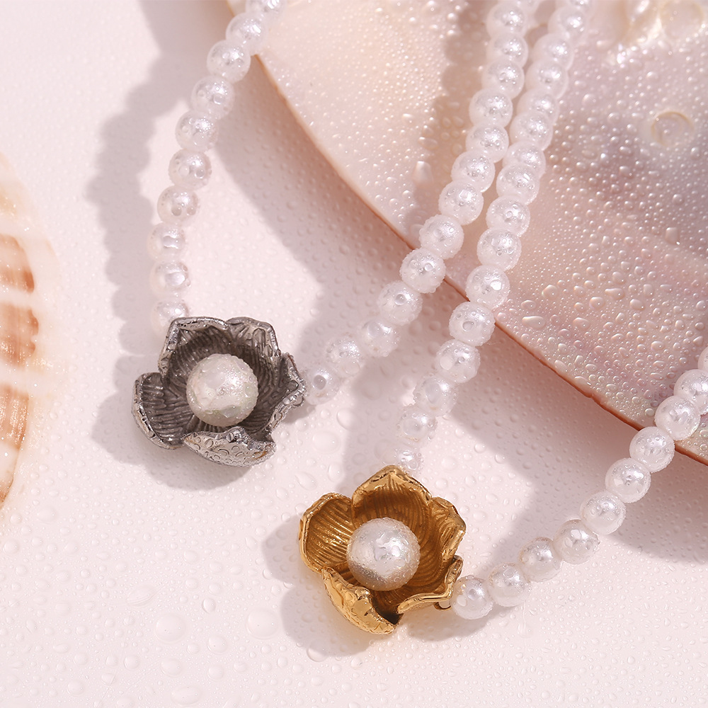 Imitation Pearl Flower Pendant Stainless Steel Necklace
