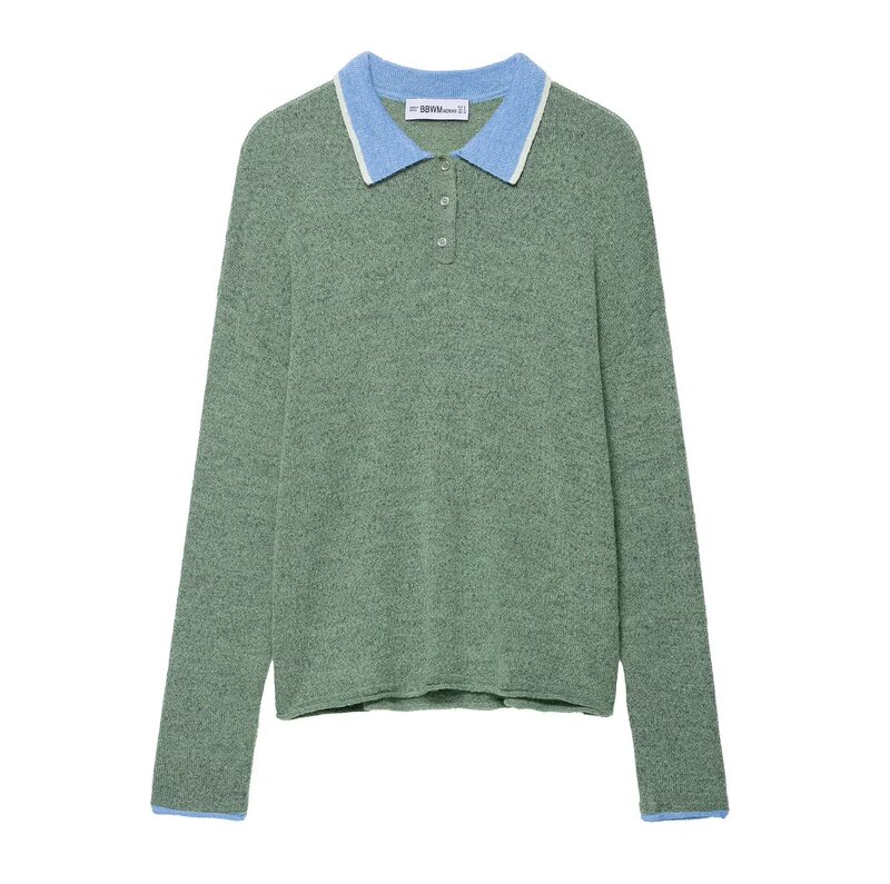 Cross-Border Export Women's Clothing 2025 Autum European and American Style Contrasting Color Polo Collar Long-Sleeved Knitwear Tops for Women A36903