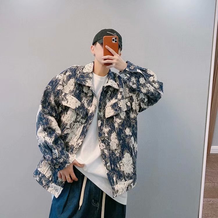 Otoño nueva moda nacional High Street pareja azul y blanco pintura al óleo pesada suelta Chaqueta corta para hombres