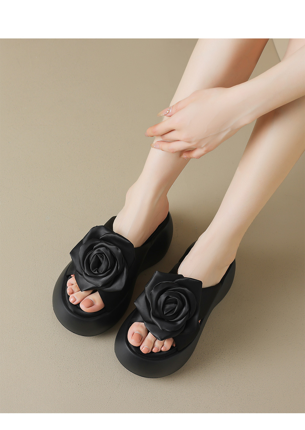 Dép sandal nữ xỏ ngón đế xuồng cao gót platform hoa nổi — Màu đen, Màu mơ chi tiết 5